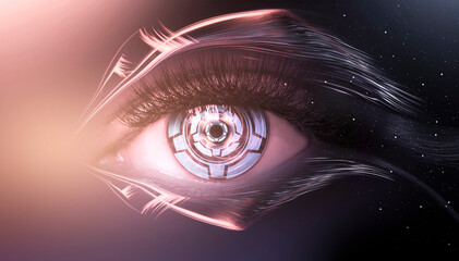 Close-up biometric scan of a female eye. The concept of modern virtual reality. Neon light, abstract cyber background. 3D illustration.