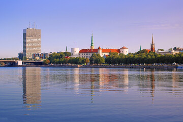 Riga castle (centre) and Daugava River in summer Riga, Latvia. 11 November Embankment, Old Riga
