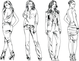 Plakat beautiful slim girl in casual clothes, drawn in ink by hand on a white background