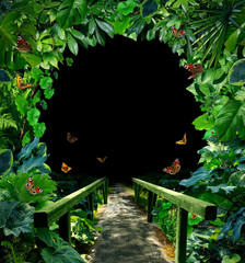 Bridge to the magic garden. Palnts background. - 377956246