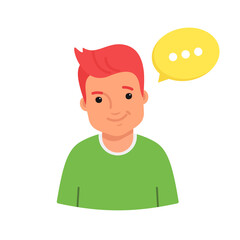 Smiling male avatar wearing green sweater. Flat vector illustration of happy casual man character with yellow speech bubble as an avatar for social media and networks