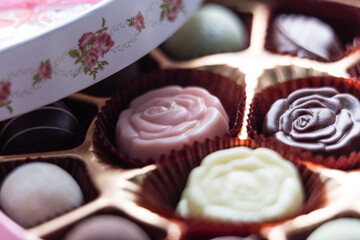 Pink Box of Chocolate with Assorted Chocolates, macro