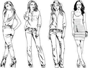 beautiful slim girl in casual clothes, drawn in ink by hand on a white background