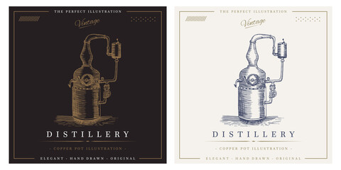 Distillery vintage copper pot alcohol distillation logo illustration - obrazy, fototapety, plakaty