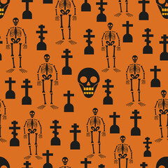 Halloween seamless pattern with graves, skeleton and skulls silhouettes on orange background. Vector Illustration