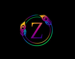 Z Letter Decorated With Exotic Peacock Feather. Circle Badge With Peacock Feather.
