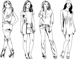 vector drawings on the theme of beautiful slim sporty girl in casual clothes in various poses painted ink hand sketch with no background