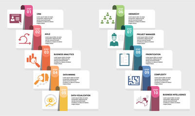 Infographic Business Intelligence template. Icons in different colors. Include Crm, Agile, Business Analytics, Data Mining and others.