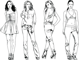 vector drawings on the theme of beautiful slim sporty girl in casual clothes in various poses painted ink hand sketch with no background