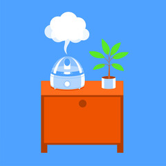 Humidifier with water vapor on a wooden chest. Near a home plant. Vector illustration.