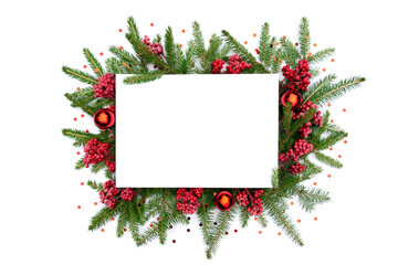 Christmas background with frame of fir branches, decorations and baubles for design template or mockup. Traditional Merry christmas frame with confetti for greeting cards, posters, advertising.