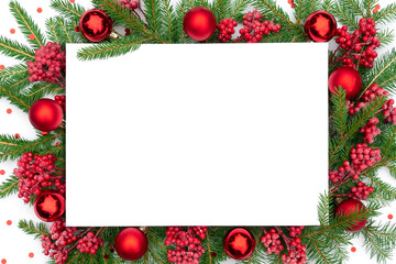 Fototapeta na wymiar Traditional Christmas background with Christmas decorations in red colors. Christmas frame made of real spruce branches with festive decorations and confetti. Merry christmas design template.