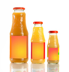 Juice in a glass bottle, bright colored drink on a white background isolated