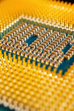Computer processor or microprocessor close-up. Bright vertical illustration on the theme of information technology and PC parts. Electronic components and hardware. Enhanced contrast and sharpness