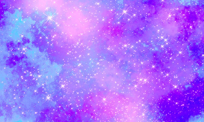 blue magenta multicolored space bright festive magic background with many stars and clouds. Universal festive cheerful positive background.