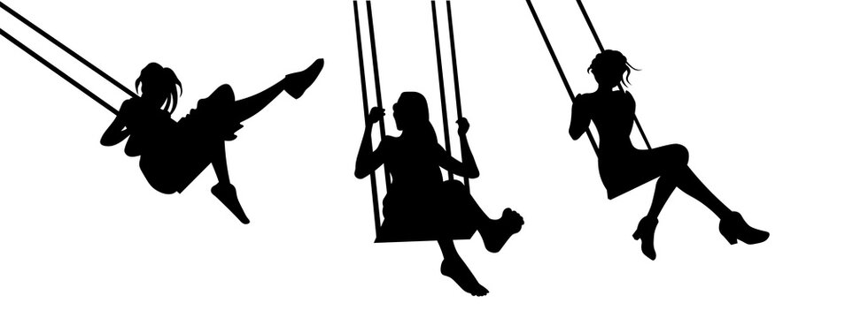 Women swinging on the swing silhouettes set vector illustration.