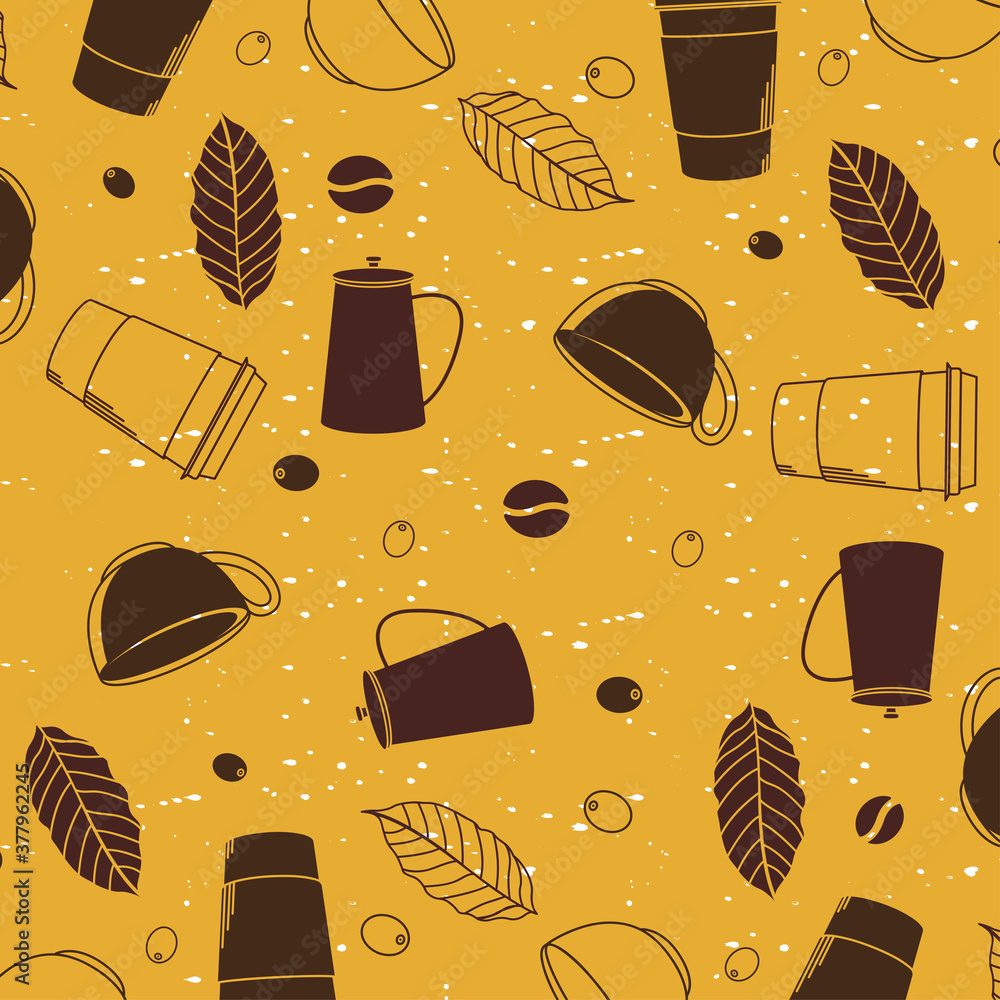 Poster coffee mugs and leaves background vector design