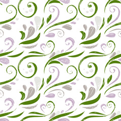 Elegant floral seamless pattern; hand-drawn scroll floral elements on white background; pattern of stylized flowers