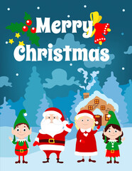 Santa Claus, Mrs. Santa and little pretty elves are standing in front of their house and waving their arms against the backdrop of a fabulous winter landscape. Merry Christmas text. Vector cartoon.