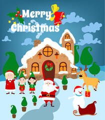 Santa Claus house close with Santa, wife, elves, snowman, deer and sled. Fairytale Christmas vector landscape with text Merry Christmas.