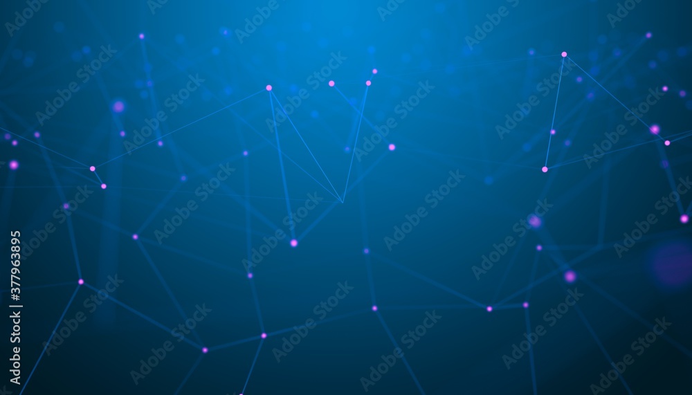 Poster blue network mesh grid wireframe with pink particle dots over blue background, technology network, c