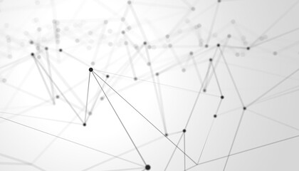 Black network mesh grid wireframe with particle dots over white background, technology network, communication or connection concept