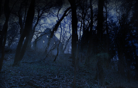 Slightly blurry shot of wrecked abandoned haunted house with empty windows on top of hill in bare tree-covered park,darkening sky toned in bluish colors.Terrifying spooky and scary Halloween eve