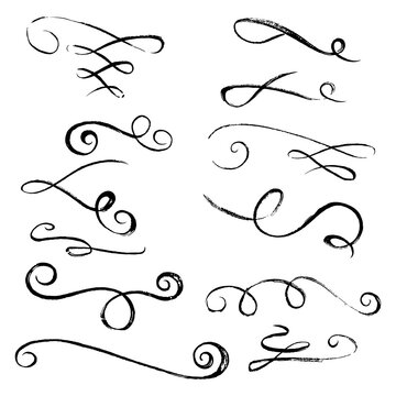 Grunge scroll dividers; hand-drawn scroll decorations; decorative swirls, vignettes, borders for graphic design; vector set