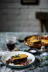 Greek moussaka in a  frying pan.