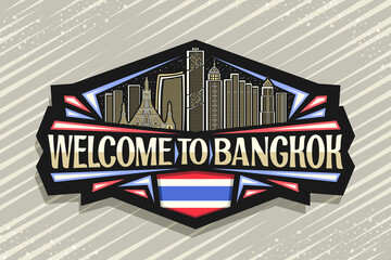 Obraz premium Vector logo for Bangkok, black decorative badge with outline illustration of modern bangkok city scape on evening sky background, tourist fridge magnet with unique letters for words welcome to bangkok