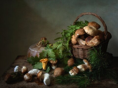 Still life with  white mushrooms in the basket
