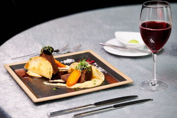 delicious tasty food in restaurant, cooked by best cooks in restaurant, beautifully decorated food on a plate