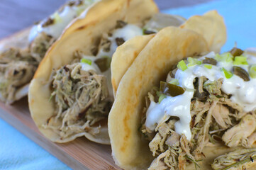 Chicken tacos with avocado, homemade mexican food.