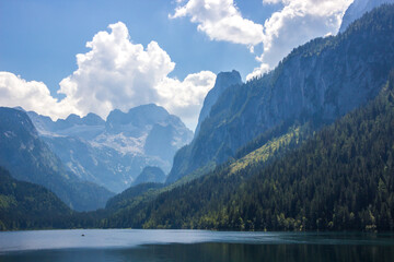 sunny day on Lake Voredere Gosausee in the Austrian Alps