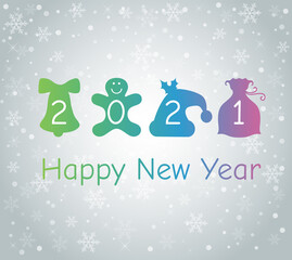 Happy New Year's post card on the grey background with snowflakes and snow.