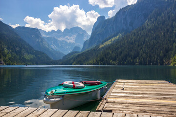 sunny day on Lake Voredere Gosausee in the Austrian Alps