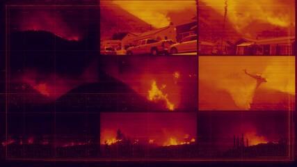 Stylized Looping Fire Disaster Surveillance Footage Multi Display Grid  with Screen Distortion