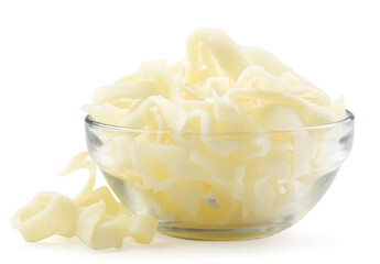 Dried squid rings in a plate on a white background. Isolated