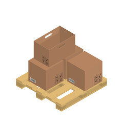 Cardboard brown boxes on the wooden pallet, isometric graphics.