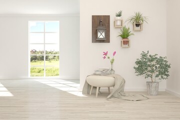 White living room with armchair and green landscape in window. Scandinavian interior design. 3D illustration