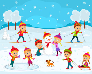 Fototapeta premium kids,boys and girls play outdoor, go skiing, make a snowman, skate, with sled on the winter background