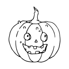 Happy Halloween. Single evil  Pumpkin icon . Hand drawn vector illustration in doodle style outline drawing isolated on white background.