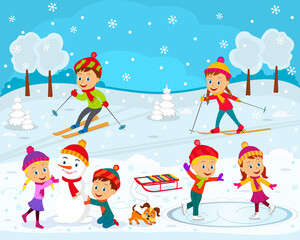 kids,boys and girls play outdoor, go skiing, make a snowman, skate on the winter background