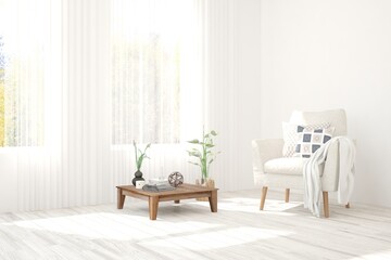 White living room with armchair. Scandinavian interior design. 3D illustration