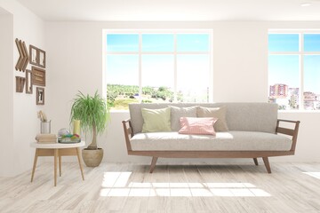 White living room with sofa. Scandinavian interior design. 3D illustration