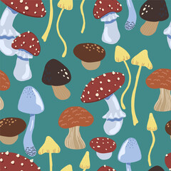 Cute mushrooms flat hand drawn vector seamless pattern. Colorful wallpaper in scandinavian style. Autumn harvest sketches background for original design, print, wrapping, textile, fabric, decor, card.