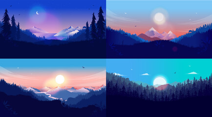 Vector landscape set - A collection of nature landscapes with mountain and forest. Night, day, sunrise and sunset. Natural background and wallpaper concept. Vector illustration.