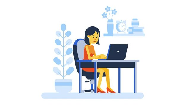 Working woman in with laptop online. Girl with computer in home interior. People and laptop. Looped animation with alpha channel.