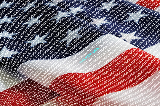 Binary code with inscription hacker usa on background of American flag.