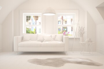 White minimalist living room with sofa. Scandinavian interior design. 3D illustration